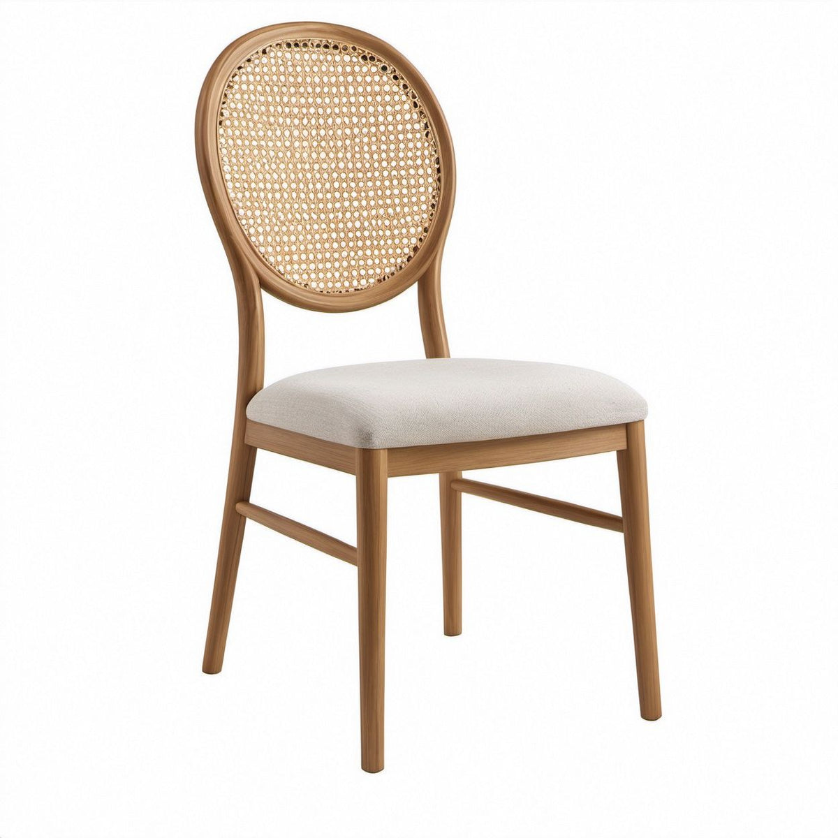 Oval-Back Dining Chair, Natural Brown Solid Rubberwood Frame, Beige Rattan Cane, Ivory Upholstered Seat, 18.5 x 22 x 36 in