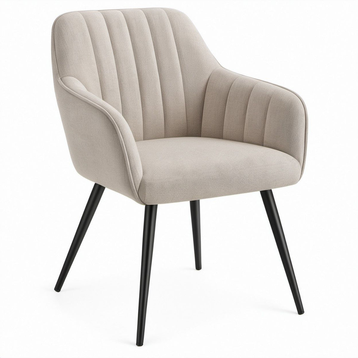 Beige Curved Upholstered Armchair with Black Steel Legs, 24 x 23.6 x 33.1 in