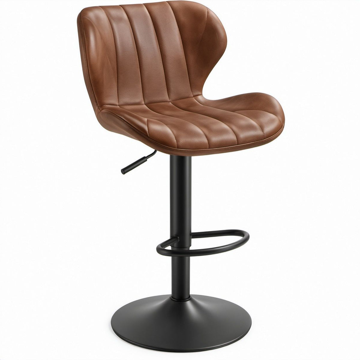 Adjustable Brown Faux Leather Bar Stool with Backrest, Black Steel Base, 19.7 x 20.5 x 35.4-43.3 in