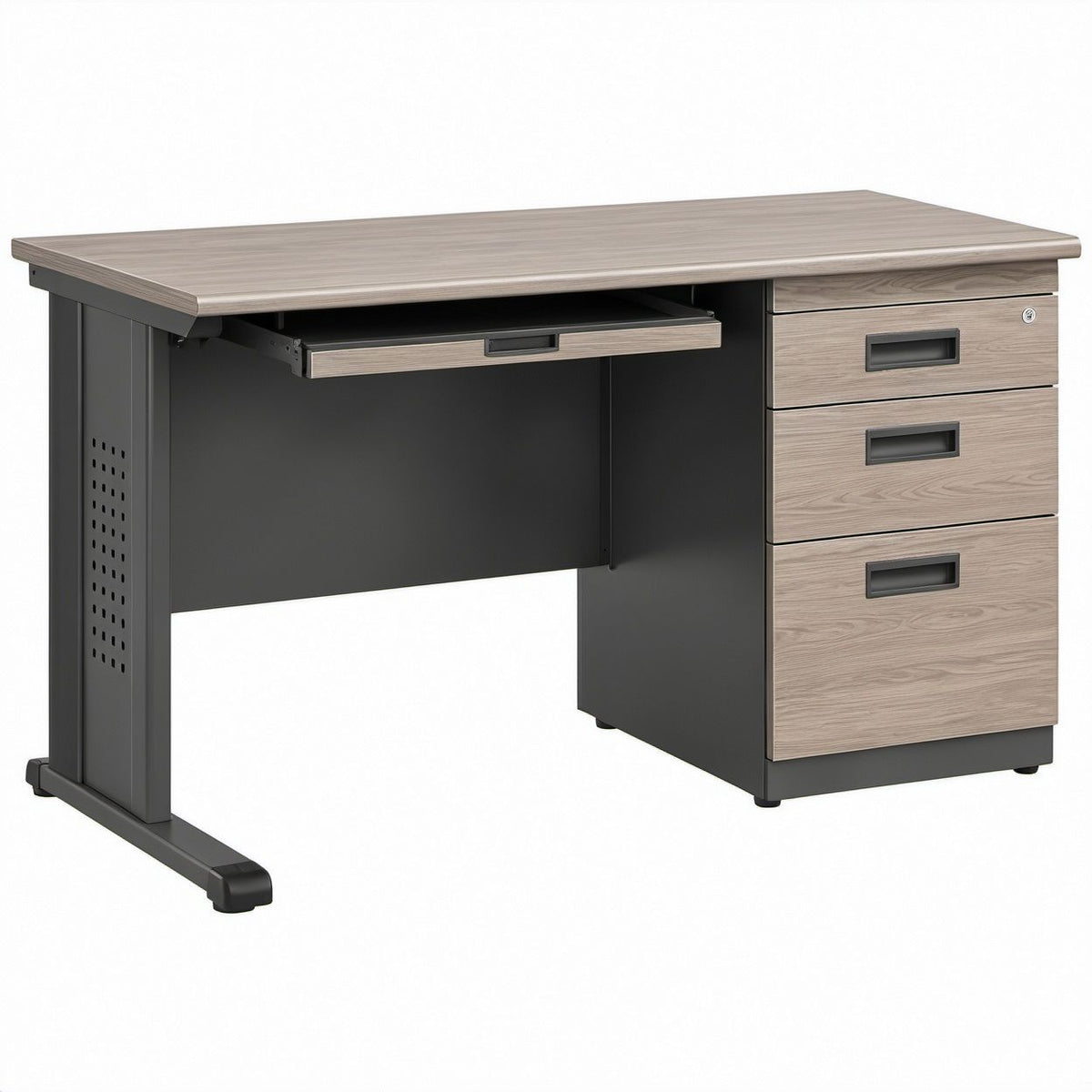 47.2 in Rectangular Computer Desk with 3 Drawers, Locking Drawer and Keyboard Tray, Gray Wood Grain/Black