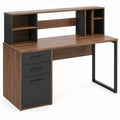 Walnut and Black Computer Desk with Hutch and 3 Drawers, 47.2 x 23.6 x 55.1 in