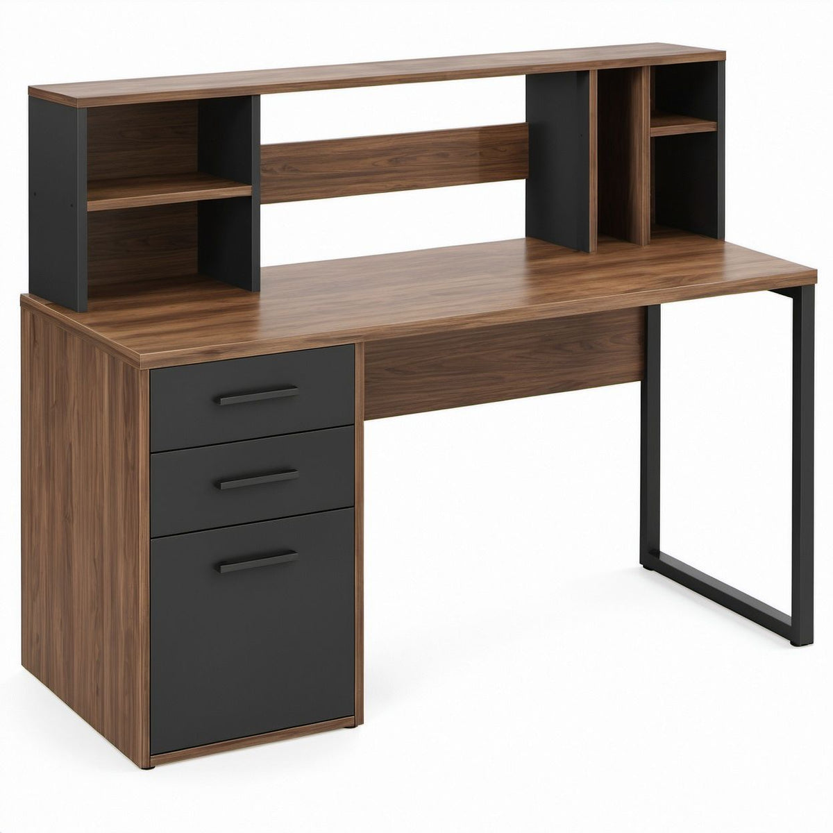 Walnut and Black Computer Desk with Hutch and 3 Drawers, 47.2 x 23.6 x 55.1 in