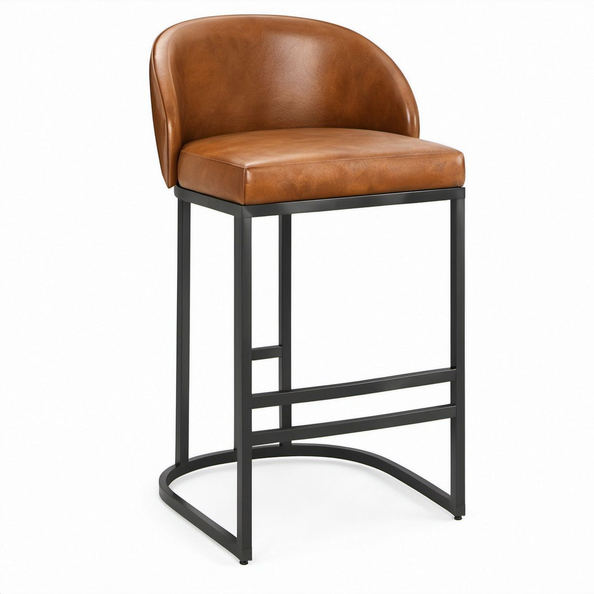 Counter-Height Bar Stool, Brown PU Leather Seat with Curved Back, Black Steel Frame, 20 x 21 x 40 in
