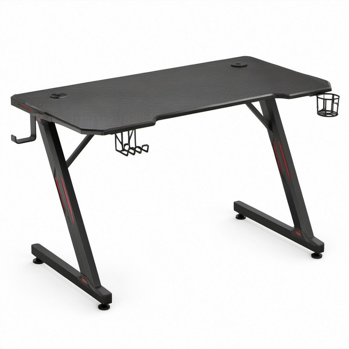Black and Red Gaming Desk with Carbon Fiber Texture, Cup Holder, Headphone Hook and Cable Management, 47.2 x 23.6 x 29.5 in