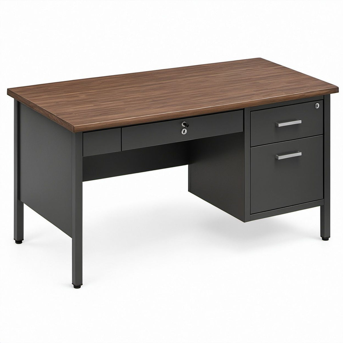 60 x 30 x 30 in Rectangular Office Desk with Right Storage Pedestal, Walnut Brown/Black