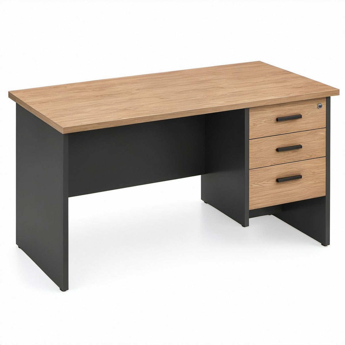 Modern Oak and Black 3-Drawer Work Desk with Lock, 120 x 60 x 75 cm