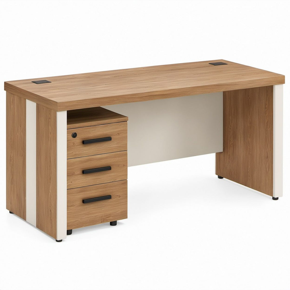 47.2 in Rectangular Oak and White Computer Desk with 3 Drawers, Cable Grommets and Locking Drawer