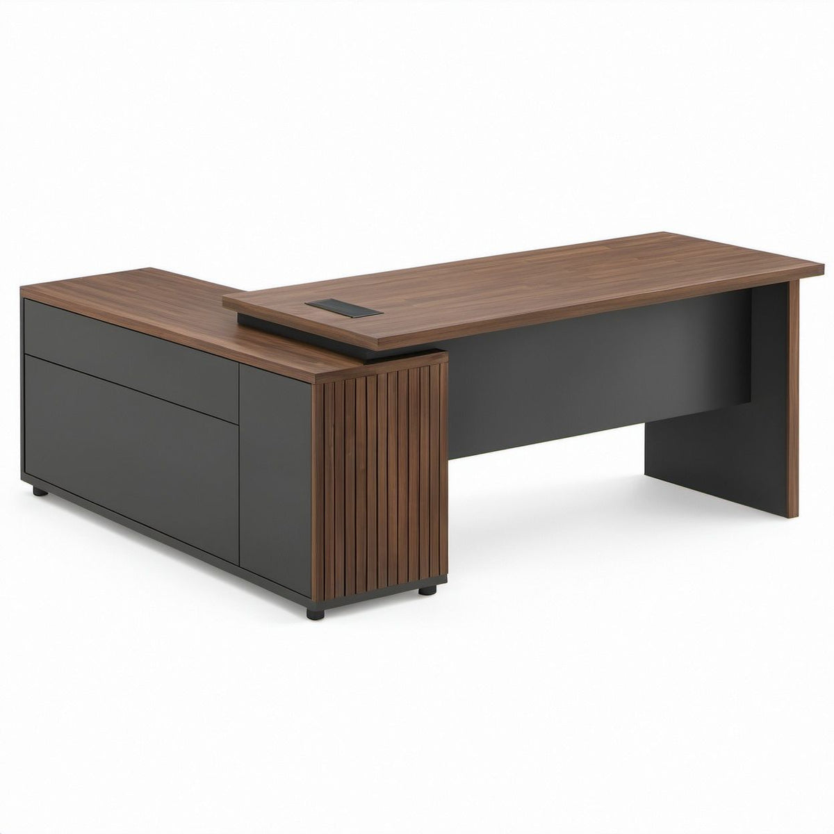 Executive L-Shaped Office Desk with 3 Drawers, Walnut Brown and Black, 78.7 x 63 x 29.5 in