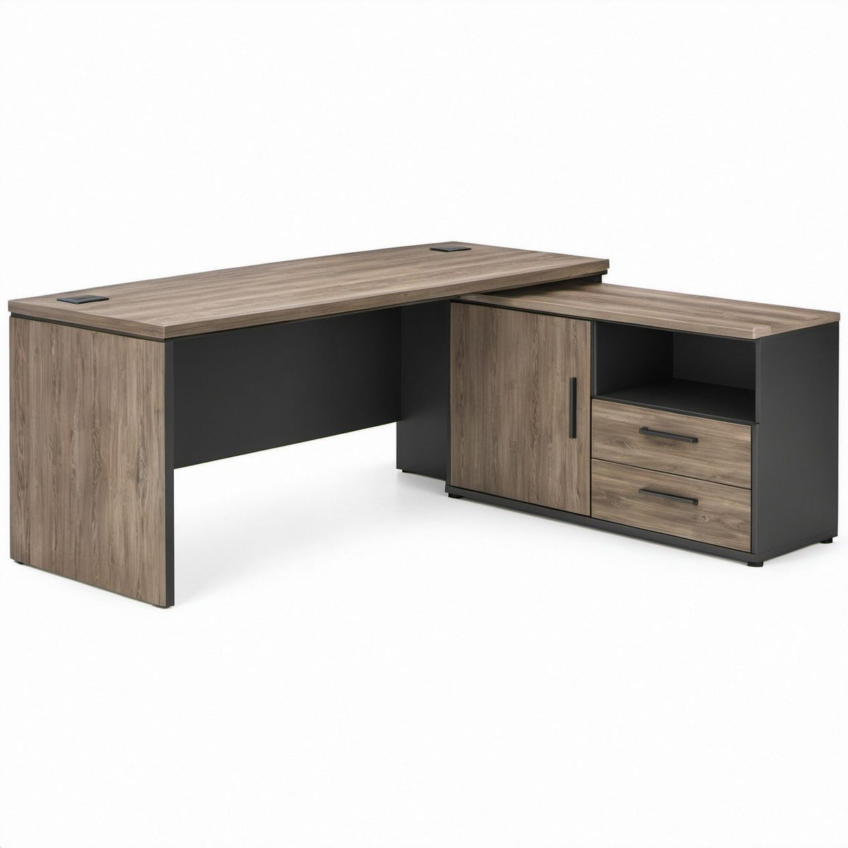 L-Shaped Executive Desk with Storage Cabinet, Drawers and Cable Grommets, Brown/Black, 71 x 71 x 30 in