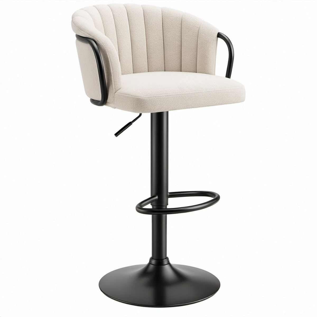 Adjustable Swivel Ivory Boucle Bar Stool with Black Steel Base, 19.7 x 20.5 x 37.8-46.1 in