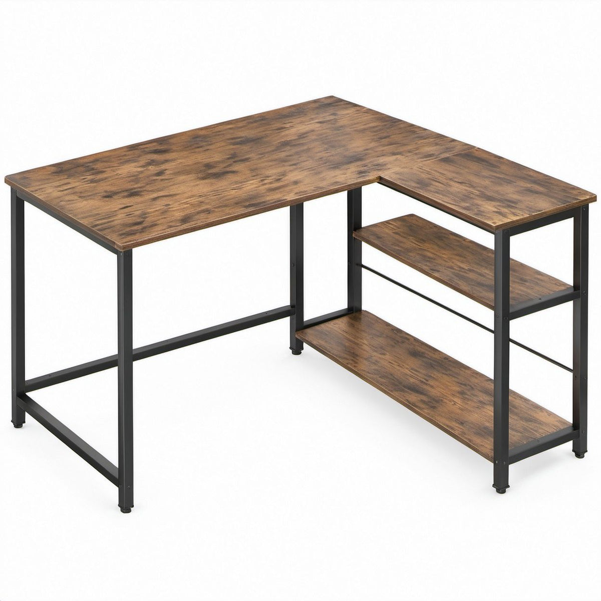 L-Shaped Computer Desk with 3-Tier Shelves, Rustic Brown/Black, 47.2 x 47.2 x 29.5 in