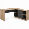L-Shaped Executive Office Desk, Light Oak and Black, 59.1 x 47.2 x 29.5 in, 3 Drawers and Open Shelves