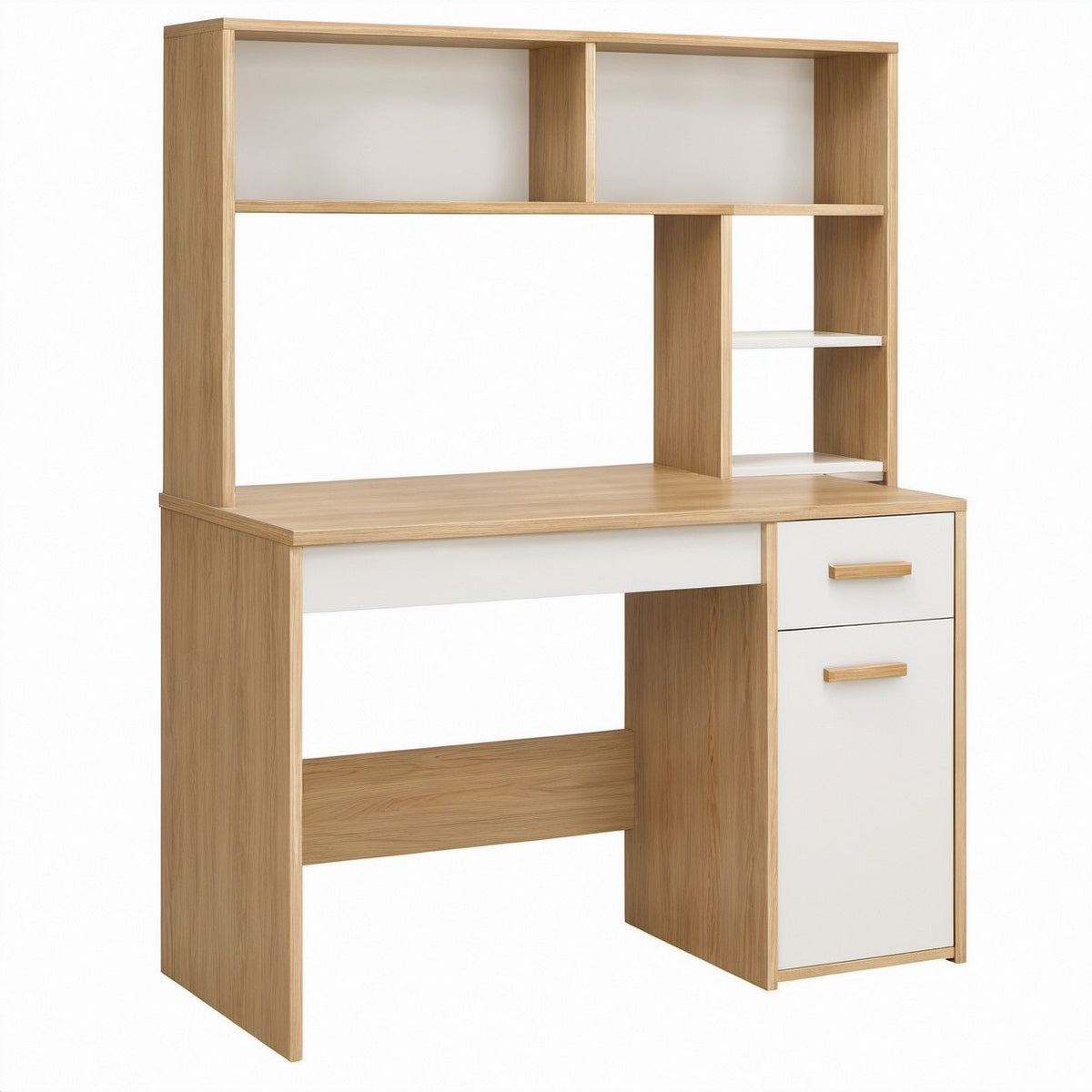 Natural Oak and White Computer Desk with Storage Hutch, Drawer and Cabinet, 43.3 x 23.6 x 70.9 in