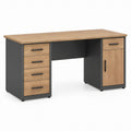 Oak and Black Engineered Wood Office Desk, 55.12 x 23.62 x 29.53 in, 5 Drawers and Storage Cabinet