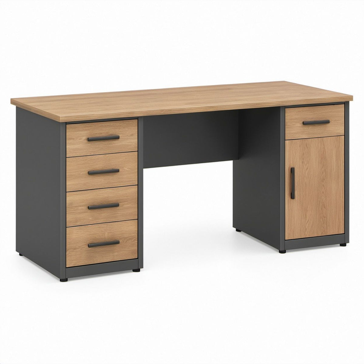 Oak and Black Engineered Wood Office Desk, 55.12 x 23.62 x 29.53 in, 5 Drawers and Storage Cabinet