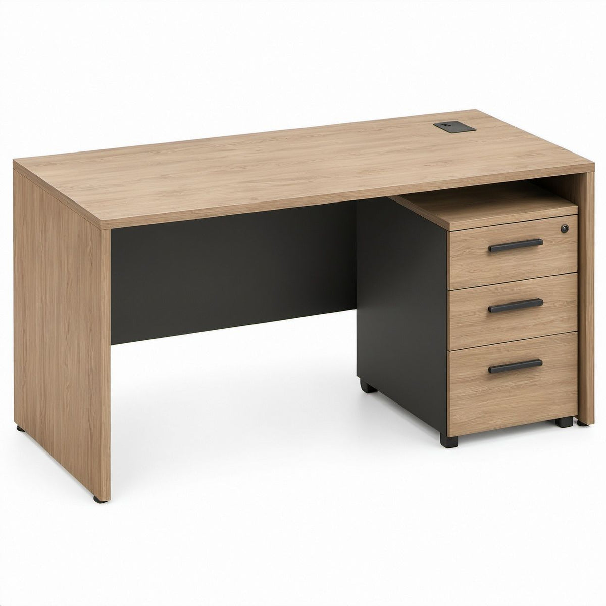 Office Desk with Right-Side 3-Drawer Filing Pedestal, Oak/Black, 60 x 30 x 30 in